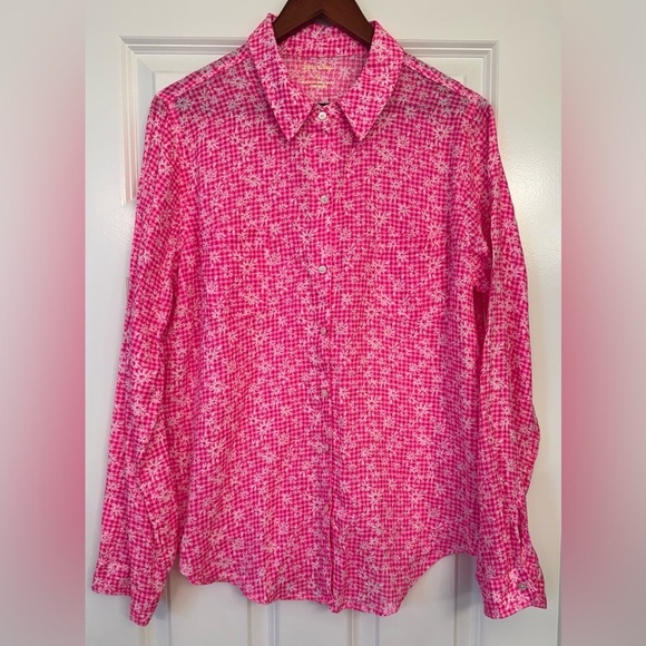 Lilly Pulitzer Tops - Lilly Pulitzer Sea View linen button-down shirt pink gingham floral Size XL